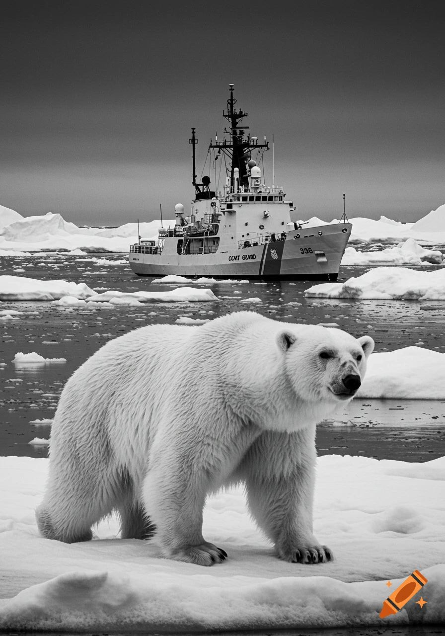 A black and white polar bear stands on an ice floe with a Coast Guard ship in the background on icy waters.