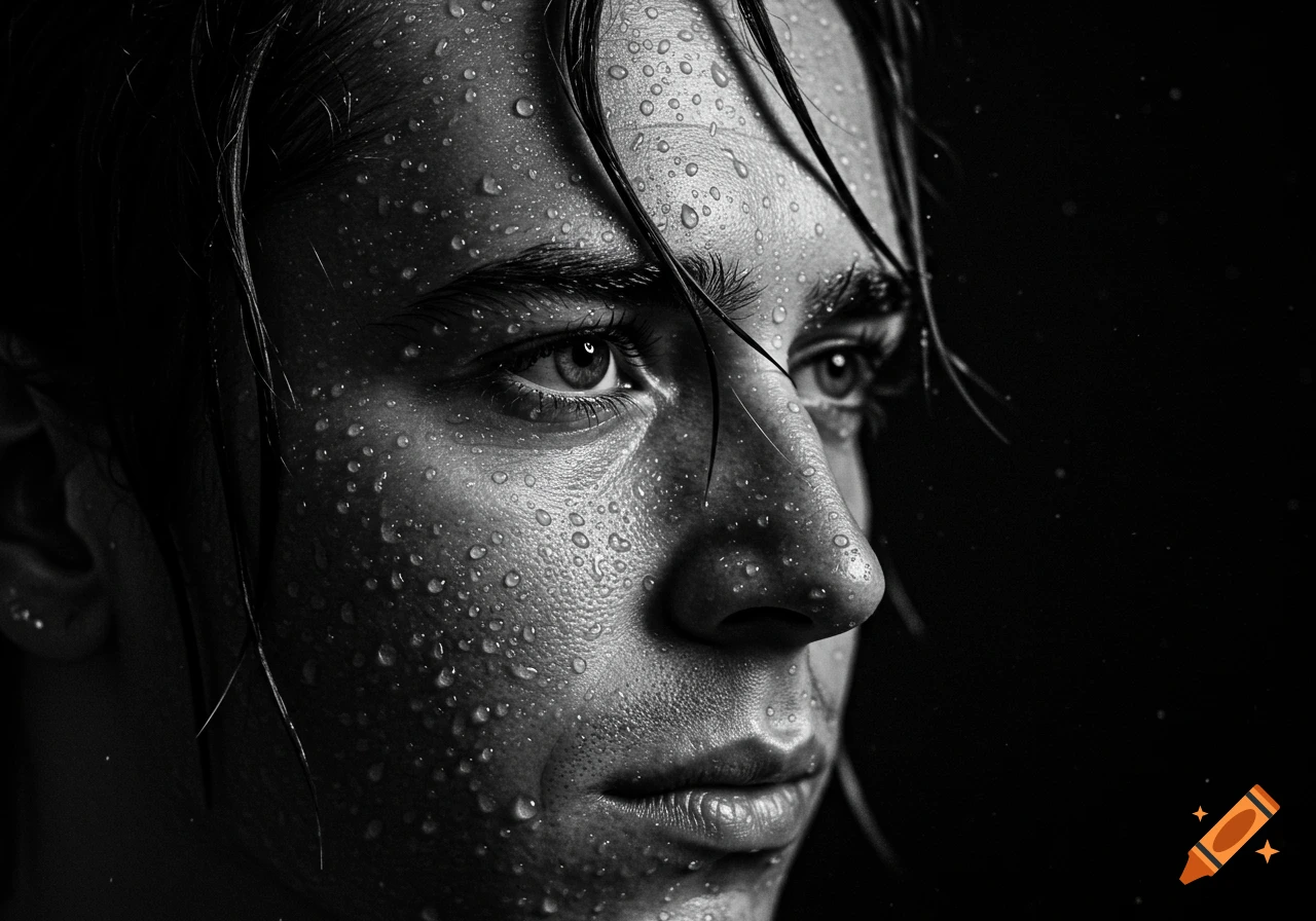 Close-up black and white photorealistic portrait of a person's wet face with water droplets and wet hair.