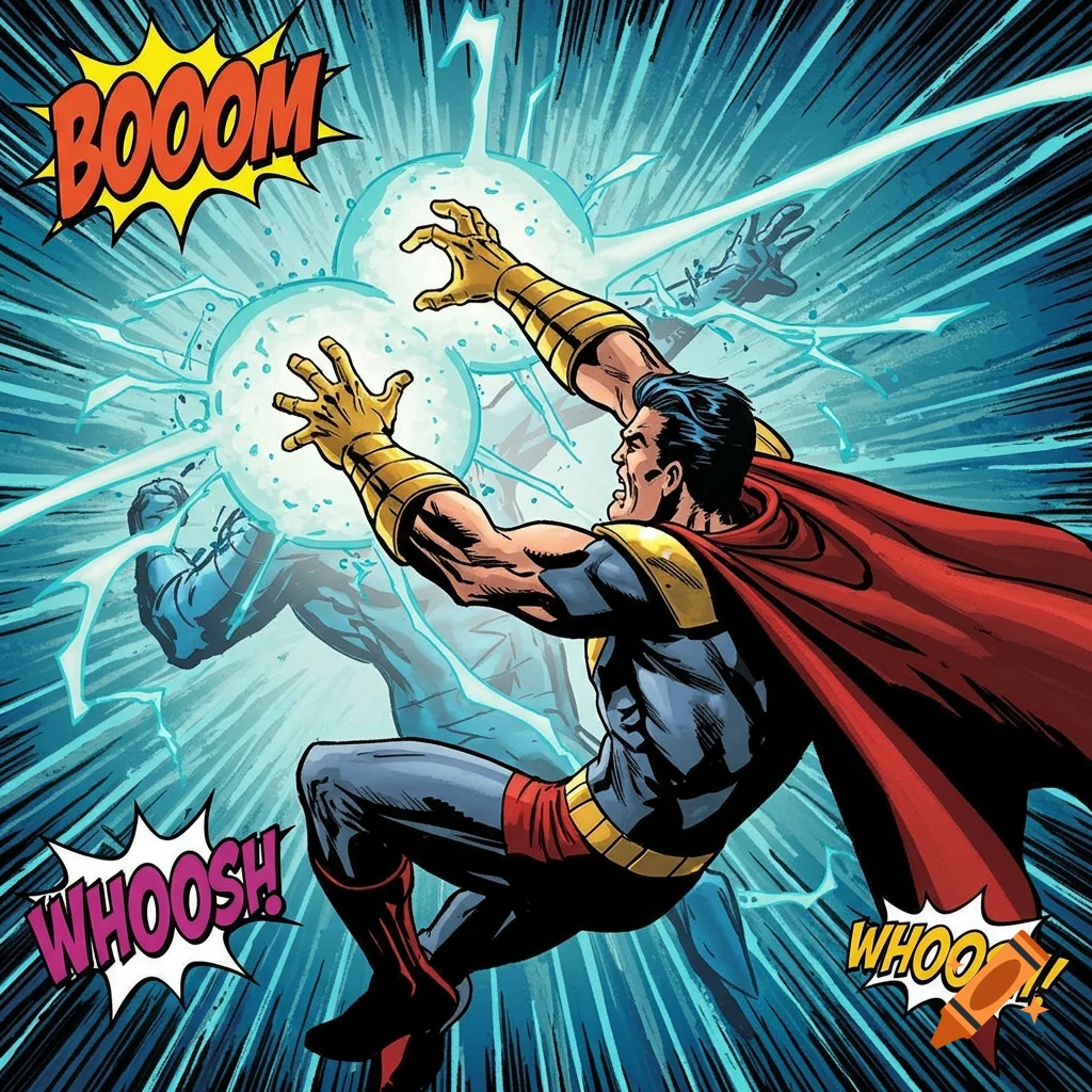 A comic book superhero in a blue and red suit fires blue energy, with 'BOOOOM' and 'WHOOSH' sound effects.