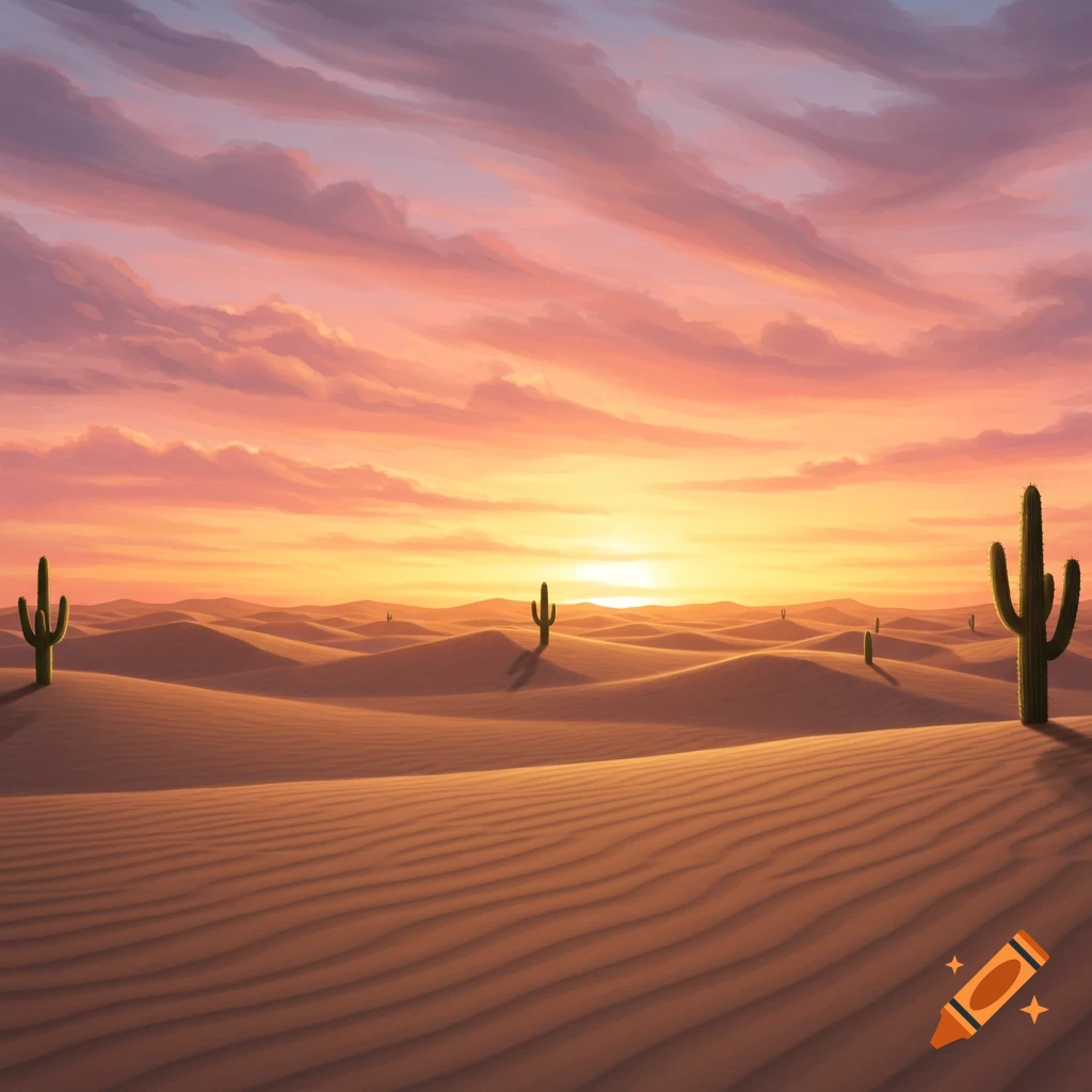 A vibrant sunset over a desert landscape with rolling sand dunes and scattered saguaro cacti. Sky glows pink and orange.