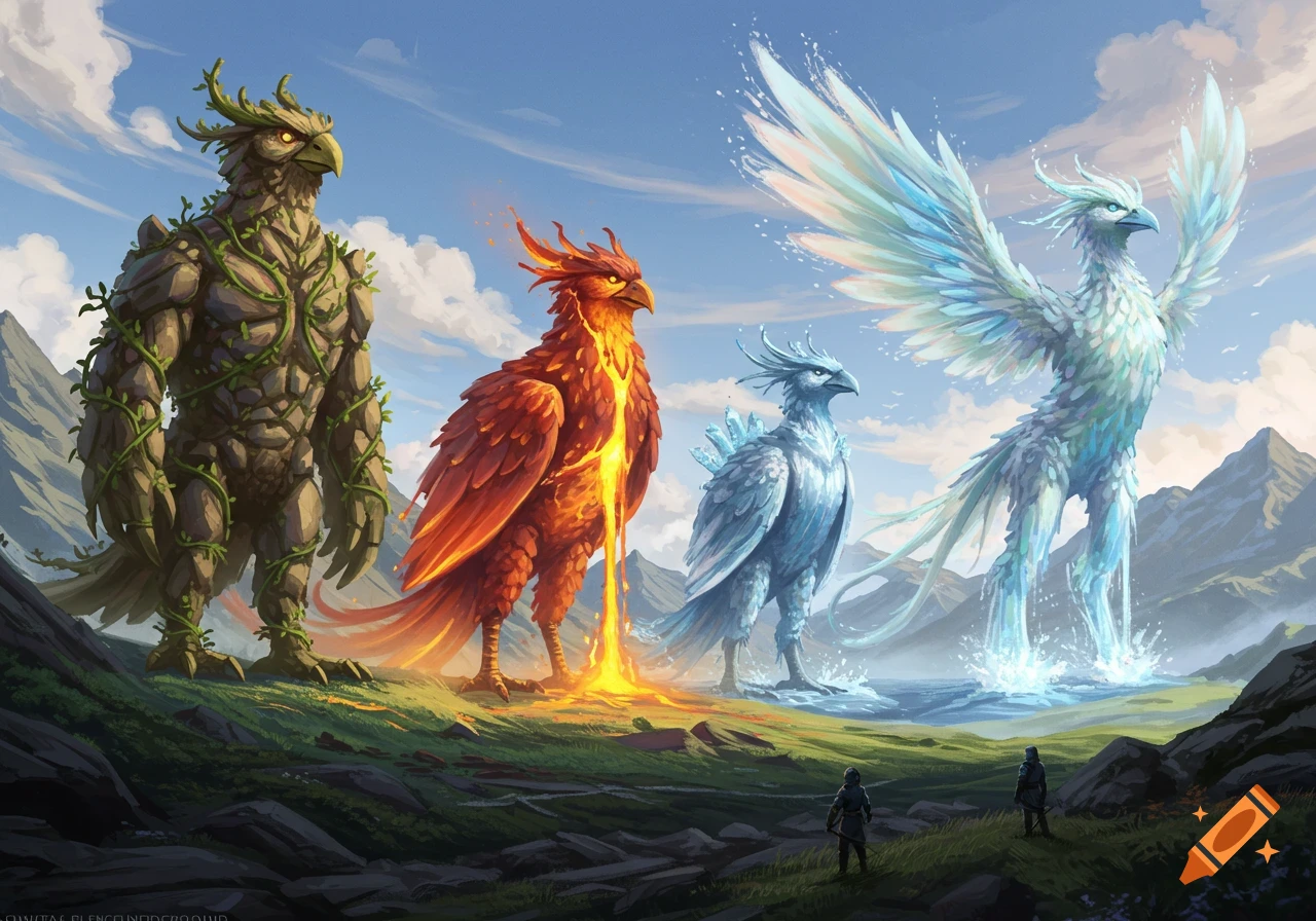 Four giant elemental bird-like creatures (earth, fire, ice, water) stand in a vast mountain landscape with two small human figures.