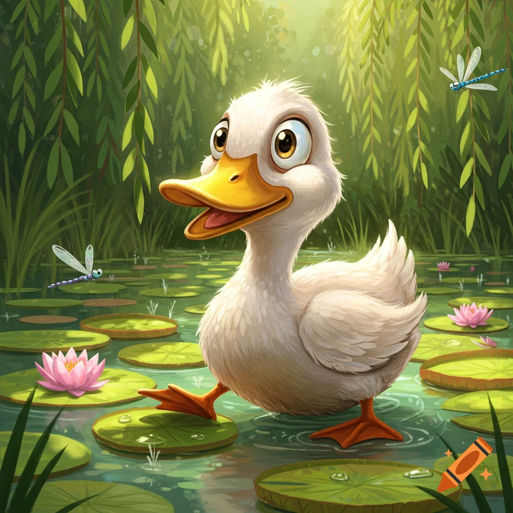 A happy cartoon duck with big eyes walks on lily pads in a pond with pink water lilies and dragonflies, under willow trees.