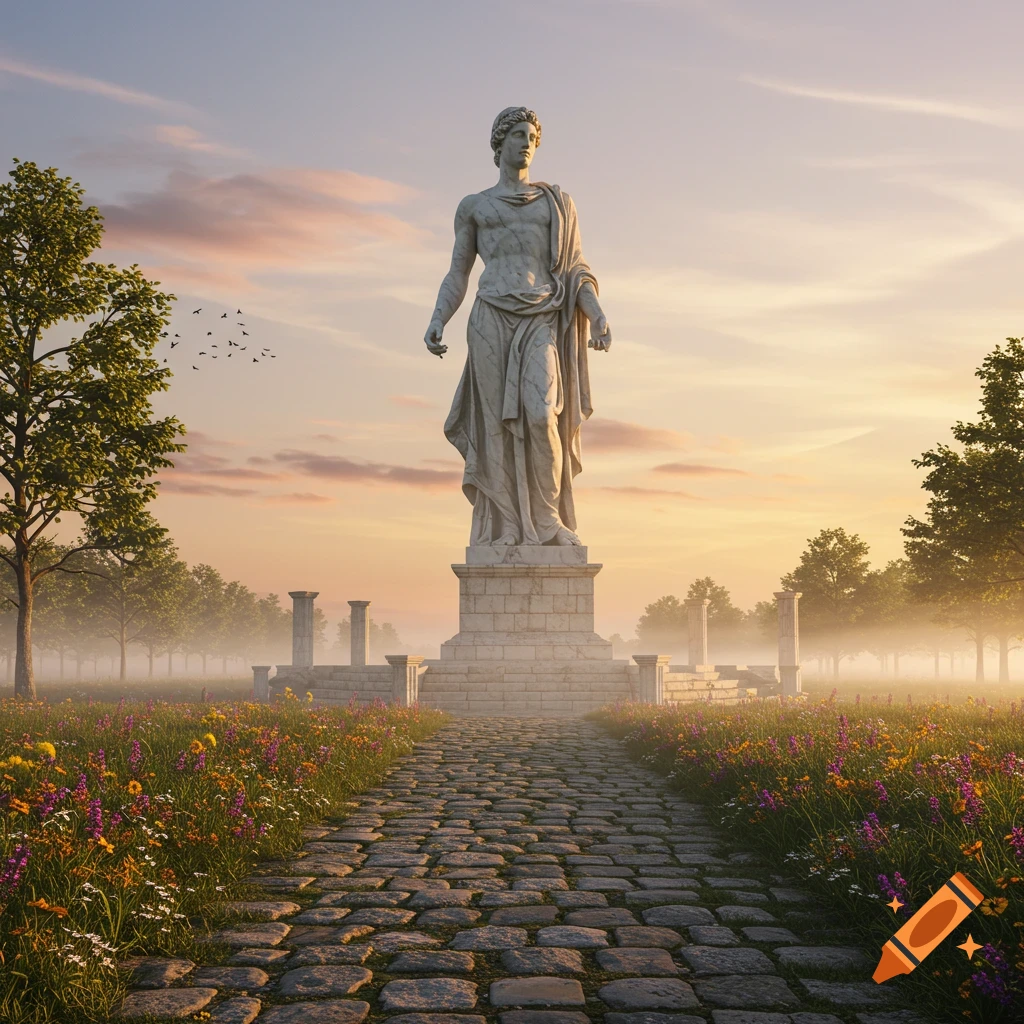 A photorealistic image of a large classical male statue at the end of a cobblestone path in a misty park with wildflowers and trees at sunset.