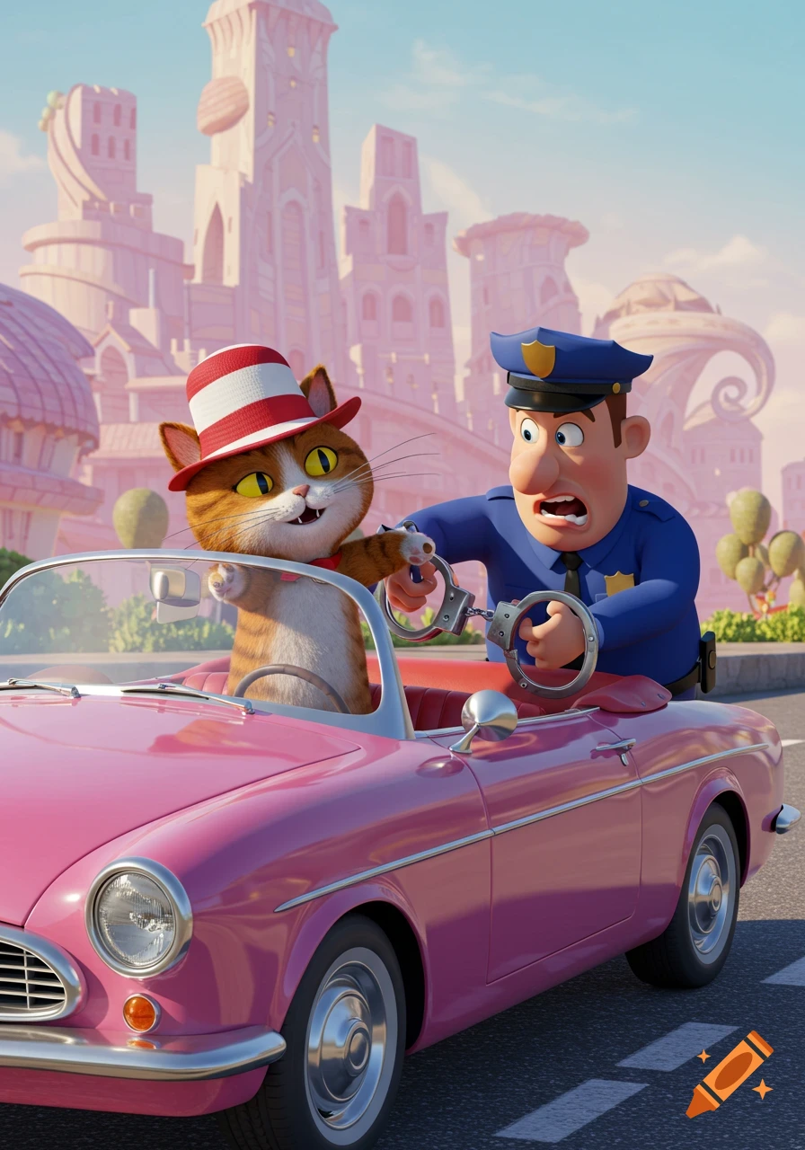 A cartoon cat in a red and white striped hat sits in a pink convertible while a police officer tries to handcuff it.