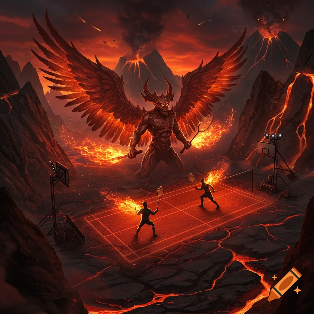 A massive, winged demon creature holds badminton rackets in a volcanic landscape with two small figures playing badminton on a fiery court.