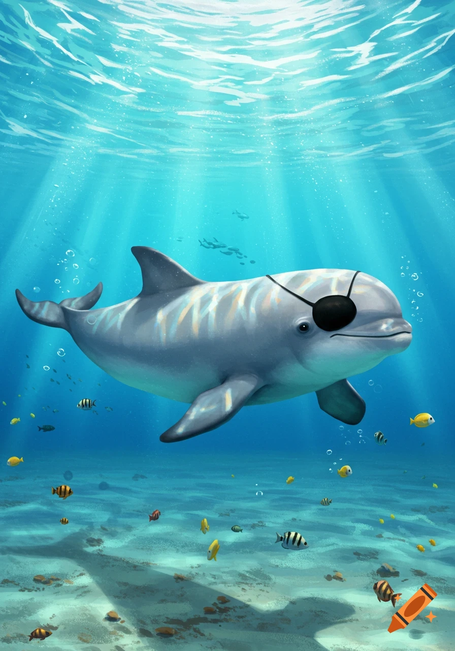 An illustrated dolphin with a pirate eyepatch swims in a clear blue underwater scene with sunlight and small fish.