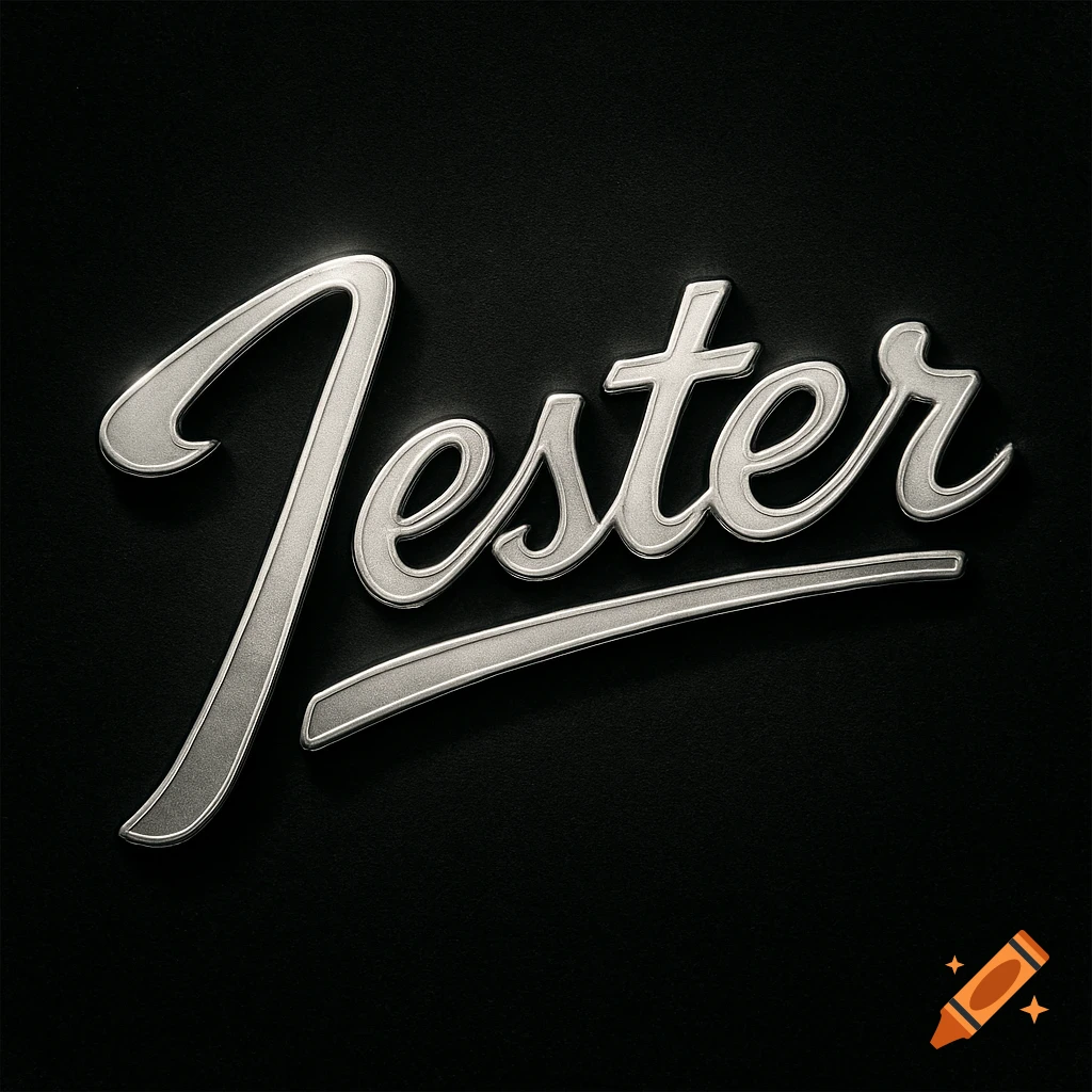 Silver metallic Jester logo on a black background.