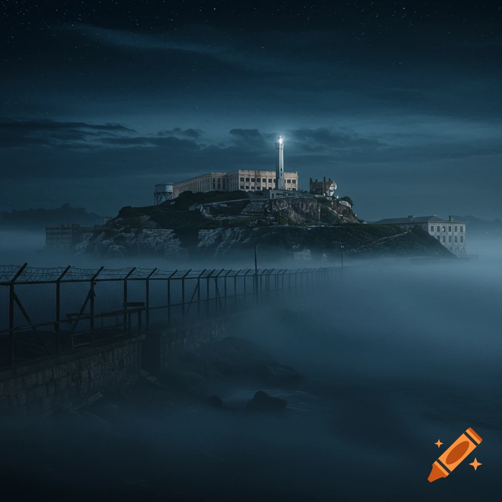 Alcatraz Island at night, its lighthouse beaming through thick fog. A barbed wire fence lines the misty foreground.