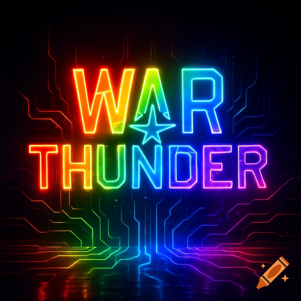 Rainbow neon War Thunder game logo glowing on a dark background with circuit board lines.