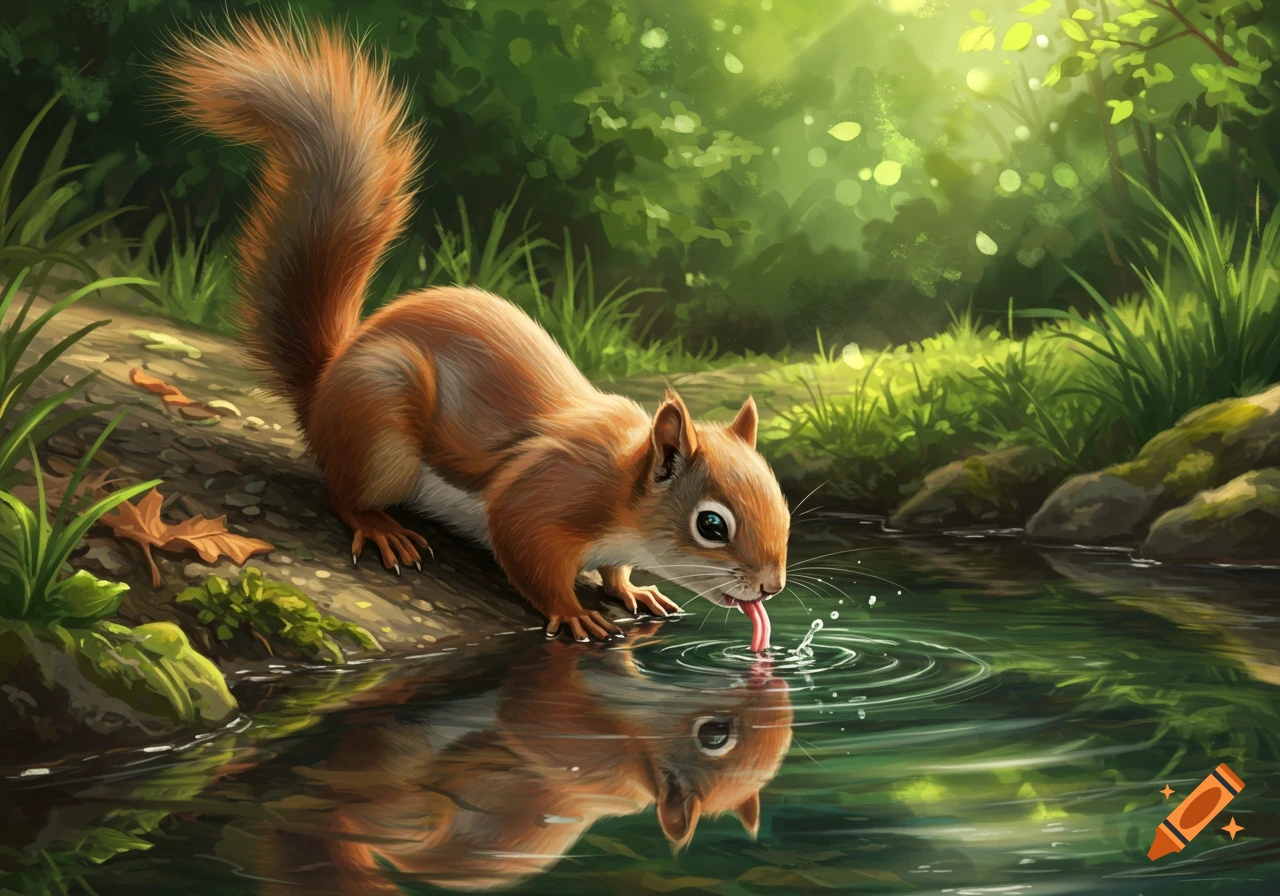 Digital illustration of a fluffy red squirrel drinking water from a reflective stream in a lush green forest.
