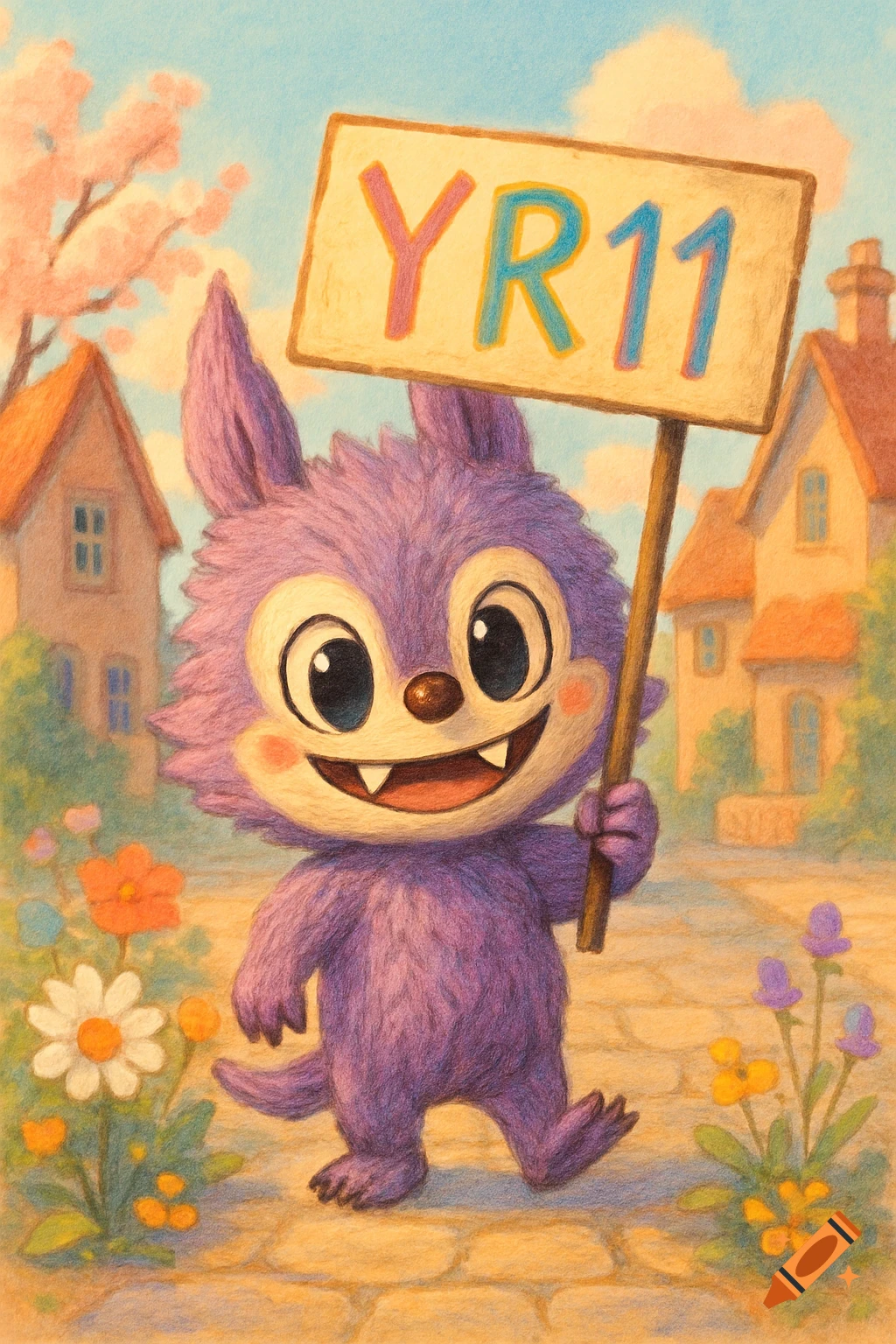 A cute purple furry monster-like creature holds a yellow sign that says "YR11" on a path with flowers and houses in a vibrant, textured illustration style.