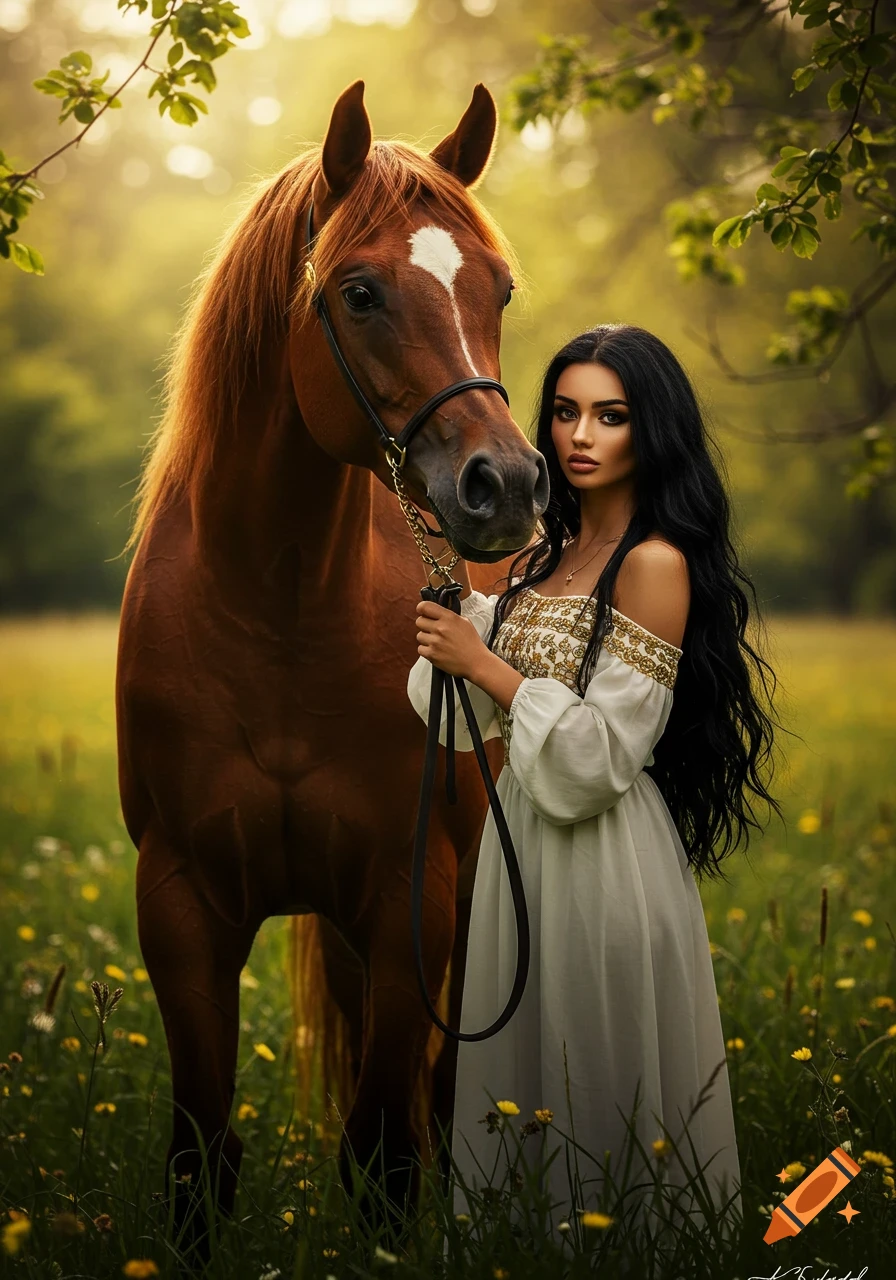 A woman with long black hair and Arab features in a white dress stands in a meadow, holding the reins of a brown horse with a white blaze. The scene is lush and green with dappled sunlight.