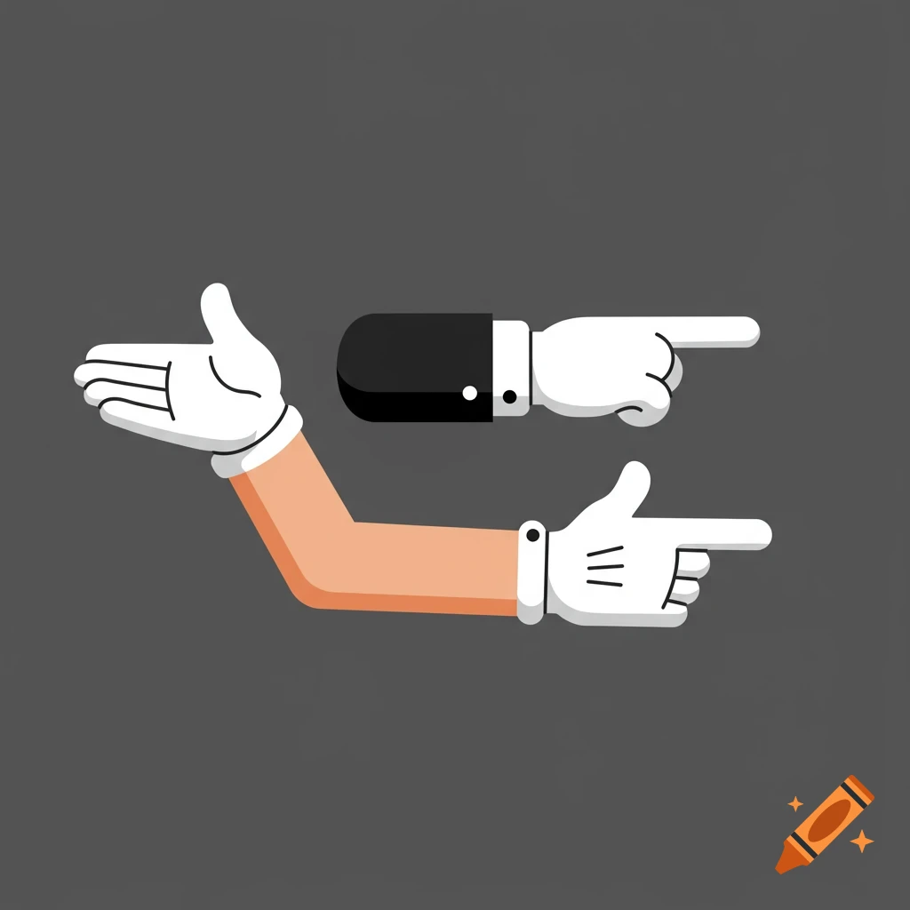 A cartoon illustration of two arms with white-gloved hands, one open in a welcoming gesture and the other pointing right, on a gray background.
