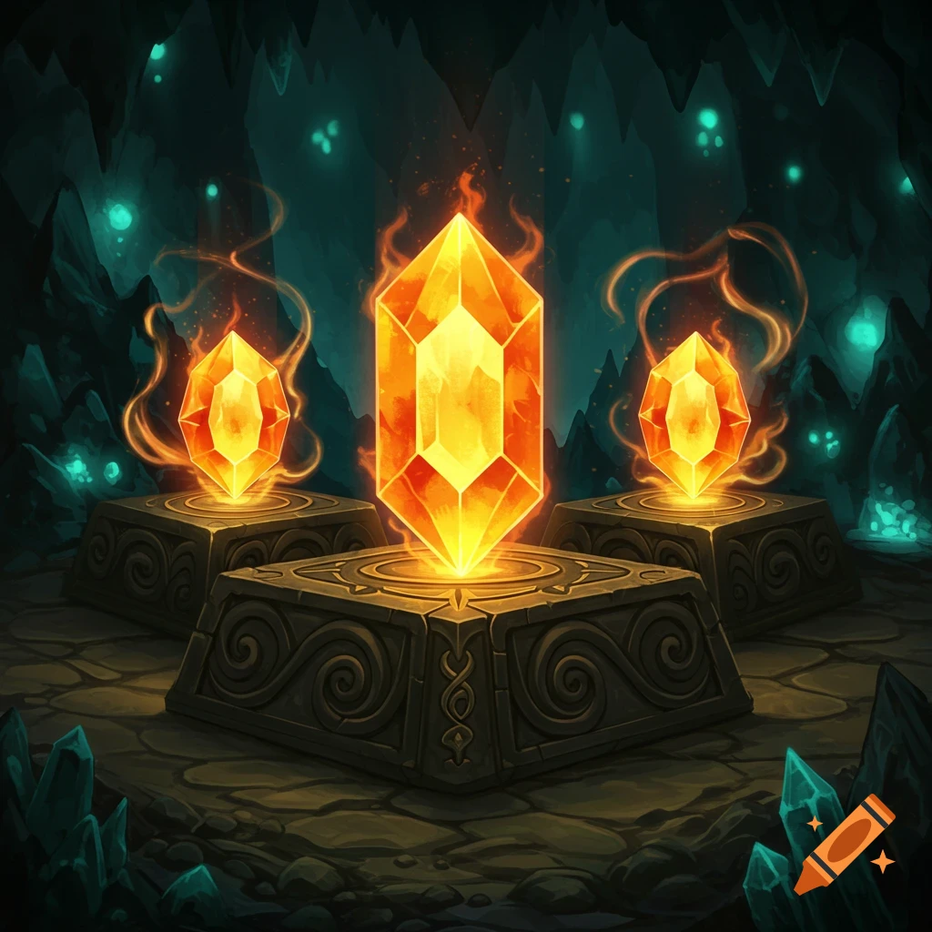 Three glowing orange crystals on decorative stone pedestals in a dark, mystical cave with teal glowing elements, in a fantasy art style.