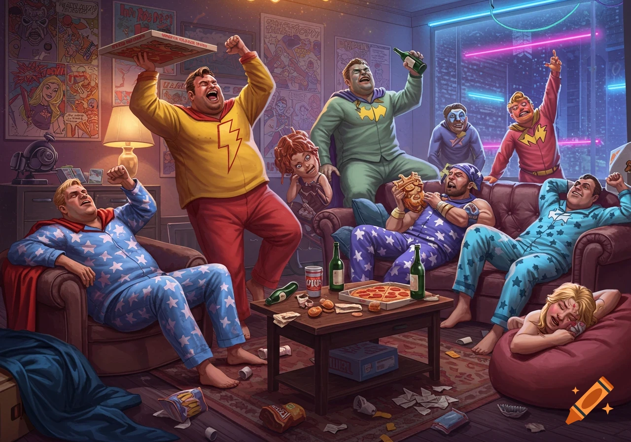 A group of cheerful, overweight men dressed in superhero pajamas are having a lively pizza and beer party in a cozy living room, one passed out.