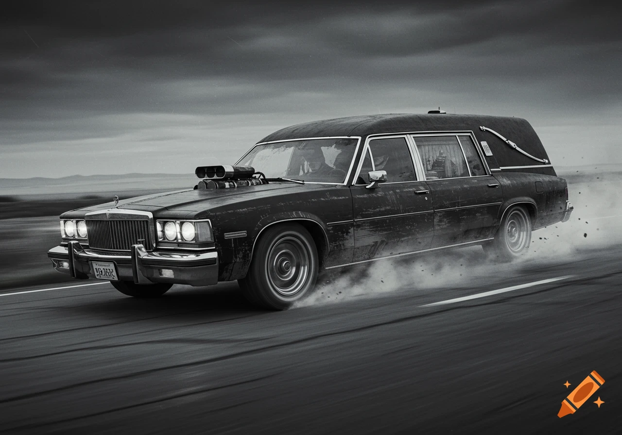 A black and white grungy hearse speeds down a road, tires smoking, with strong motion blur.
