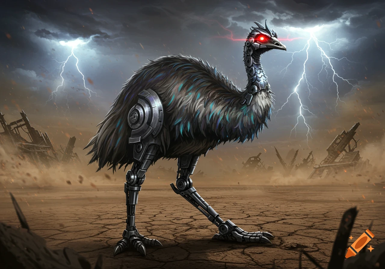 A menacing robotic emu with glowing red eyes stands in a desolate, cracked land under a stormy, lightning-filled sky.
