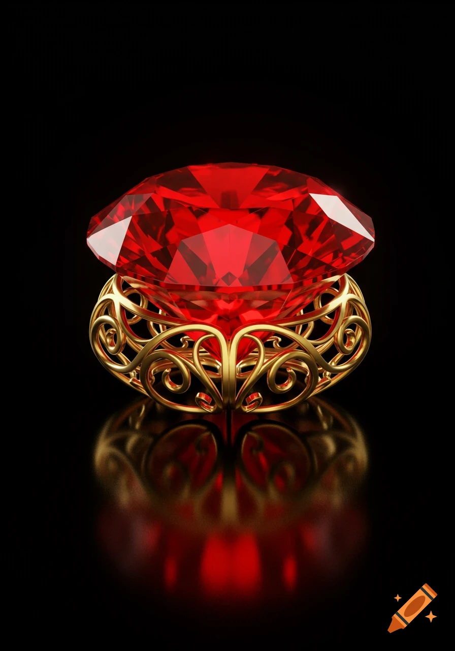 Photorealistic large, faceted vermilion red ruby in an ornate gold setting, reflecting on a black surface.