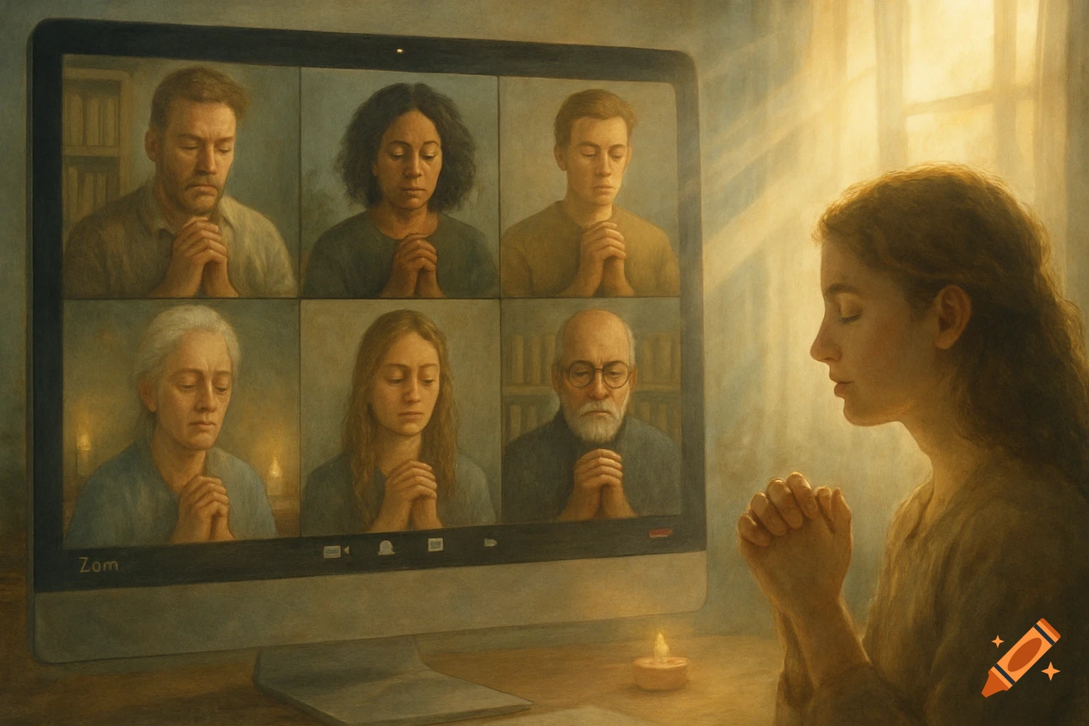A woman prays beside a monitor showing six other people praying during a video call, in a painterly style.