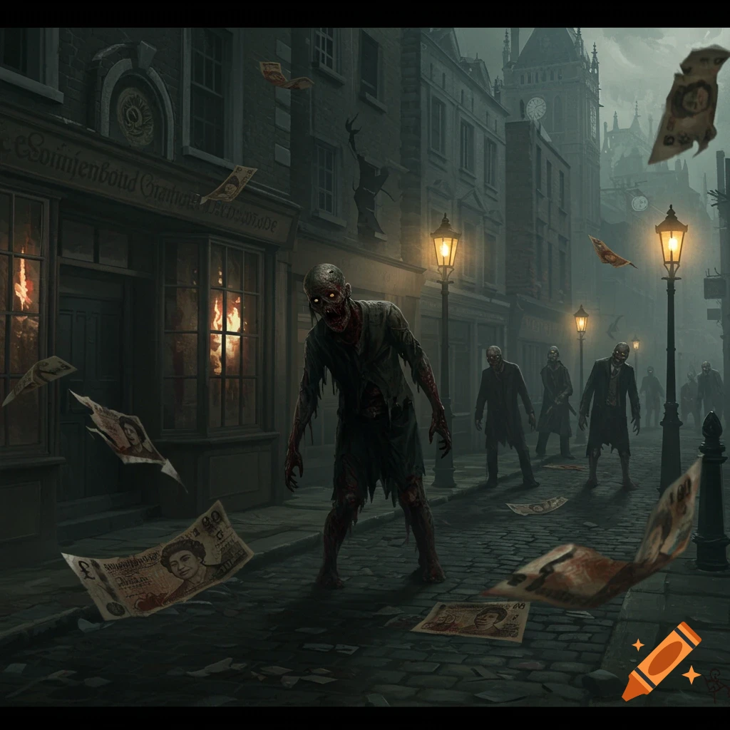 A street scene in a dark, foggy city with multiple zombies shambling forward. Burning shop windows line the street, and British pound notes fly through the air and litter the ground. A clock tower is visible in the background.