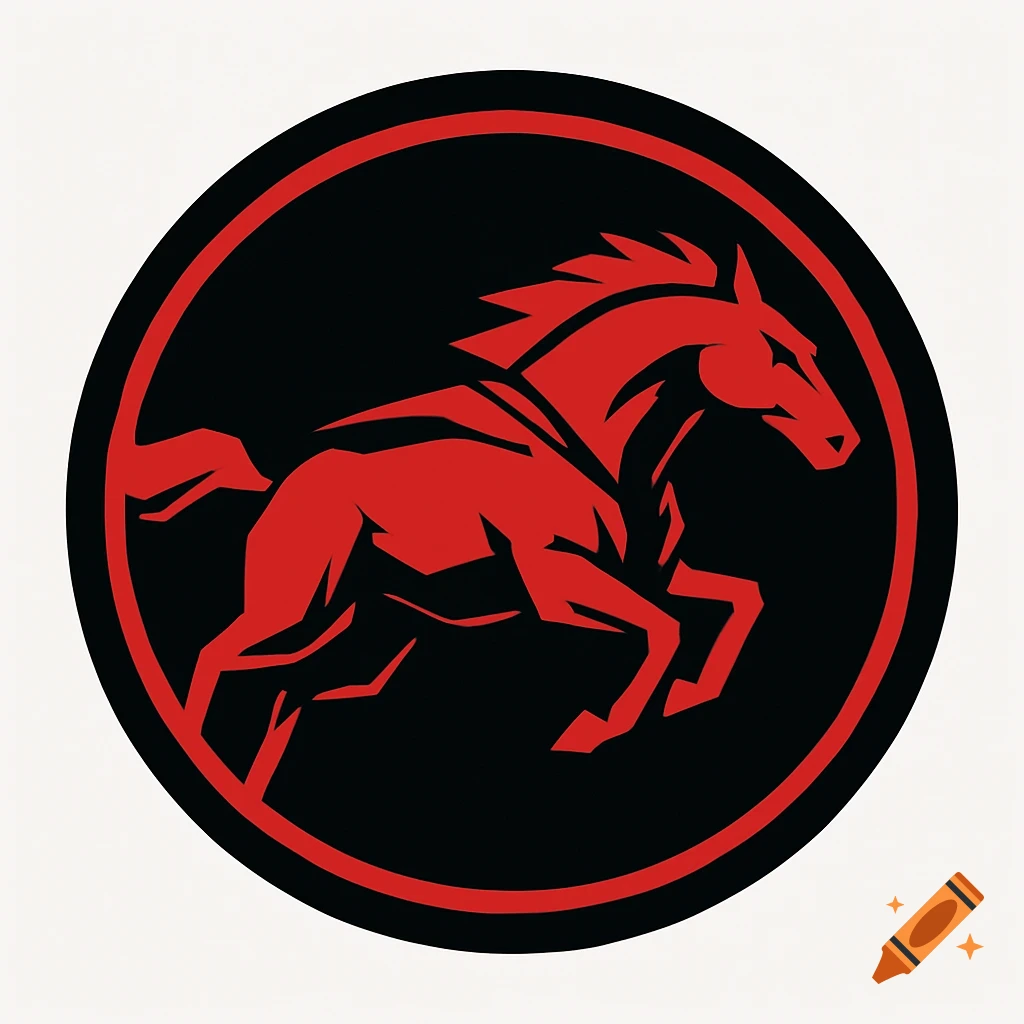 A stylized red horse leaping within a black circular logo, resembling a mustang or superhero symbol.