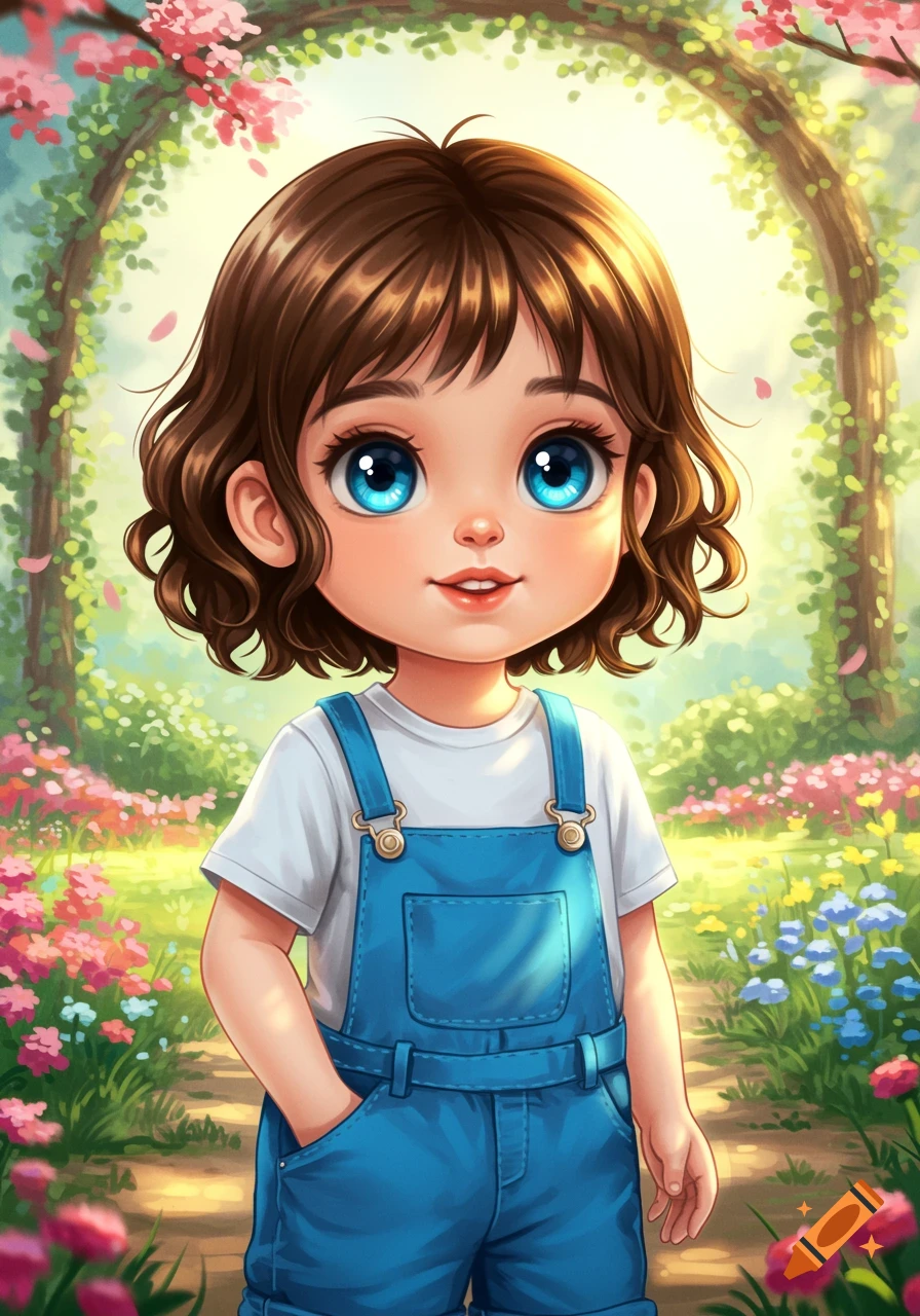 Cute anime girl with brown hair and blue eyes in blue overalls, standing in a vibrant flower garden with a floral archway.