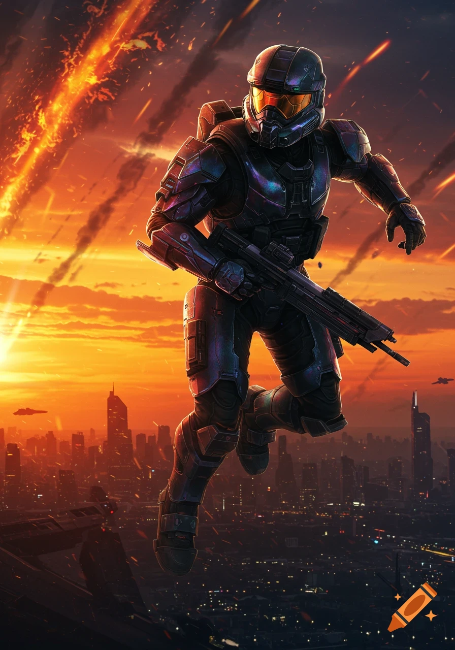 A futuristic soldier in dark power armor, resembling an ODST, jumps or flies above a burning city at sunset, holding a rifle.