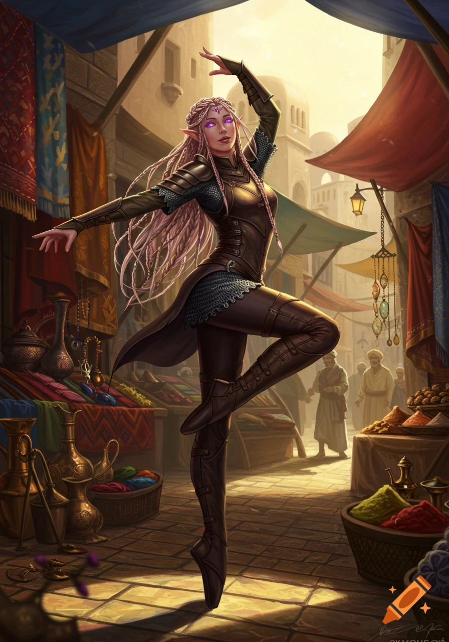 A female elf with long pink braids and glowing purple eyes dances elegantly in a bustling fantasy market, wearing leather armor.