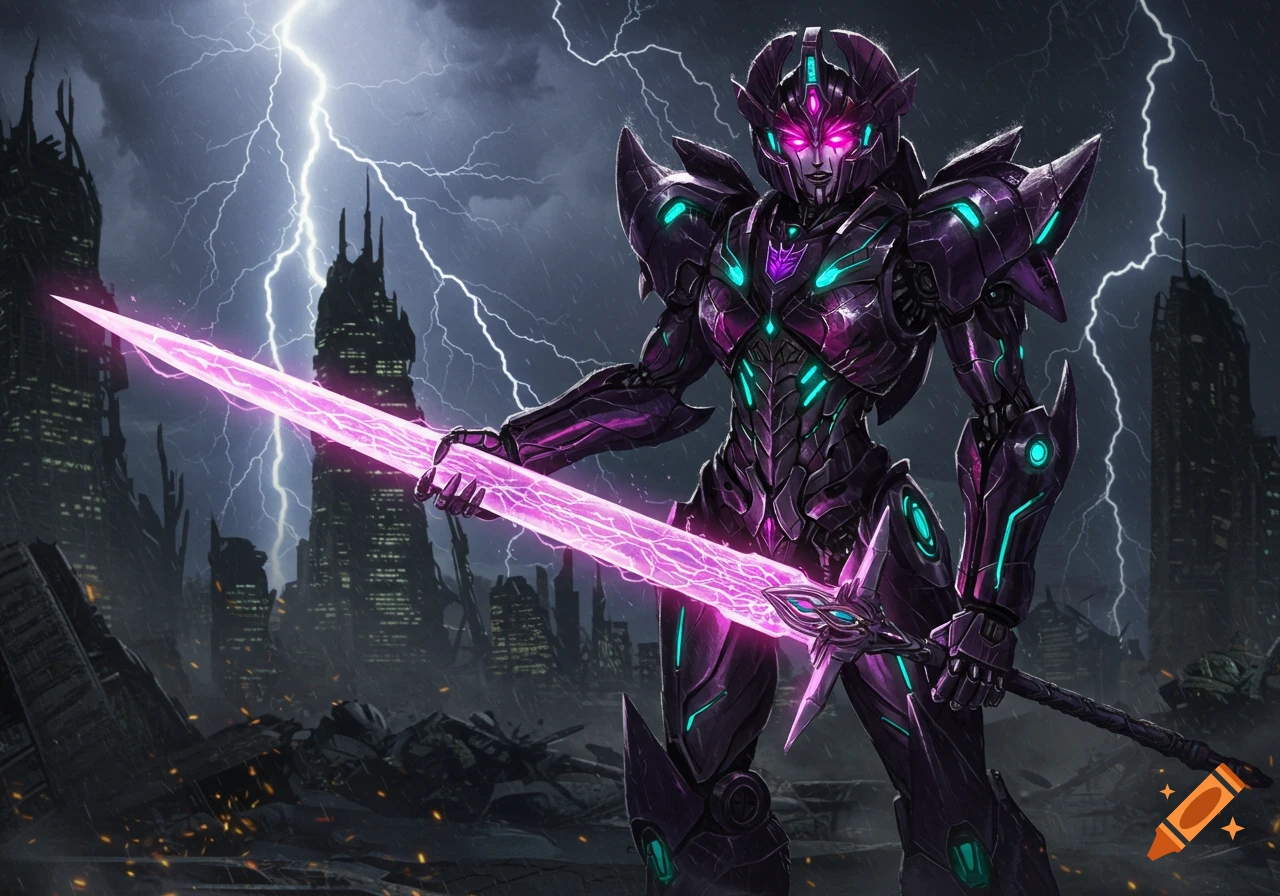 Purple and teal Decepticon Megaempress stands in a ruined cybernetic city under a lightning storm, wielding a glowing pink energy sword.