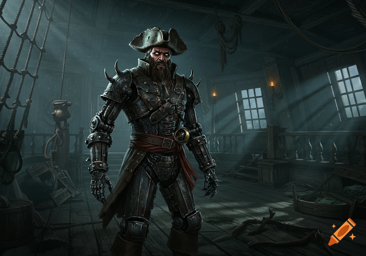 A stylized, bearded pirate in dark, mechanical armor stands on a dimly lit ship deck.