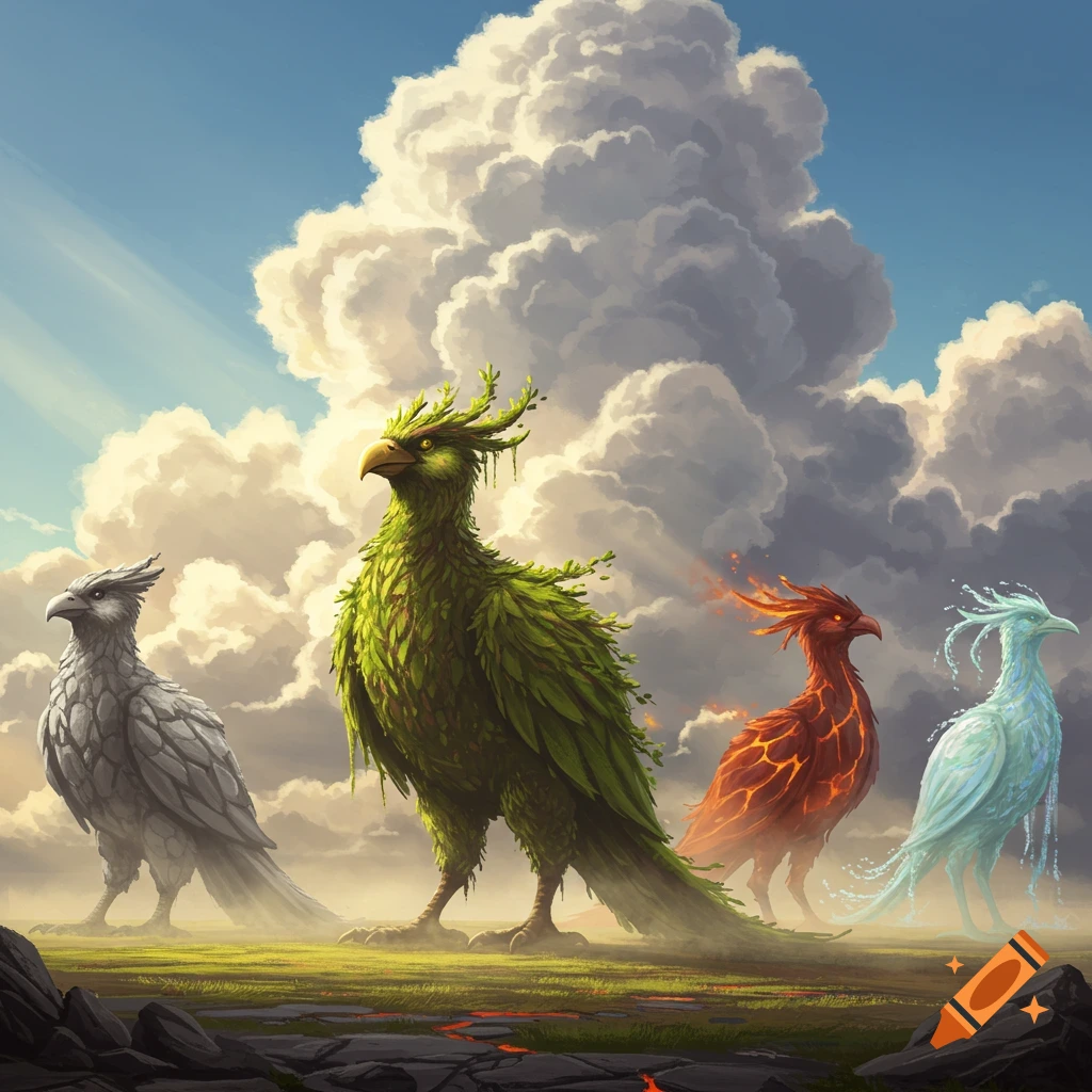 Four elemental birds, made of rock, leaves, lava, and water, stand in a grassy field under a dramatic cloudy sky.