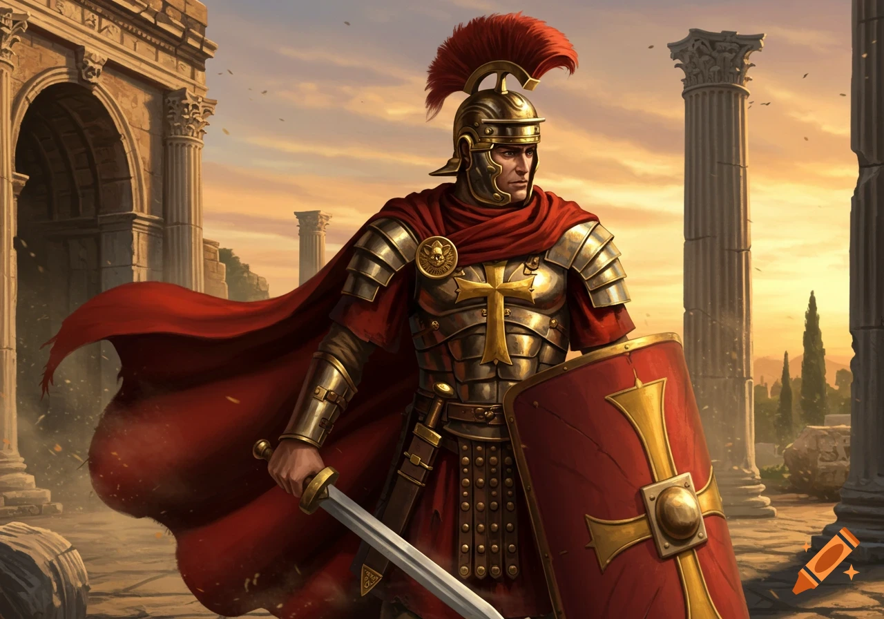 A digital illustration of a Roman soldier in gold armor and a red cape, holding a sword and shield, standing among ancient ruins at sunset.