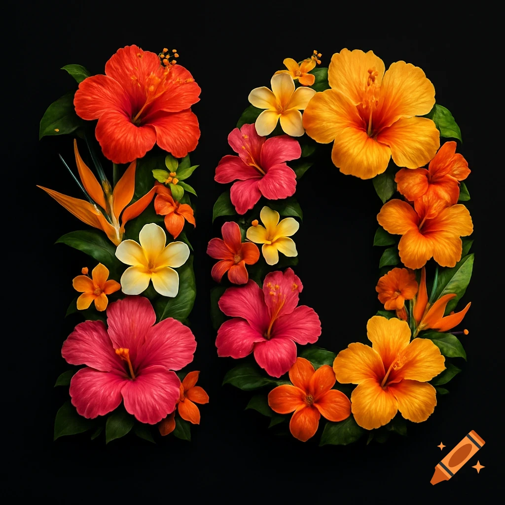 The number ten formed by vibrant Hawaiian flowers on a black background.