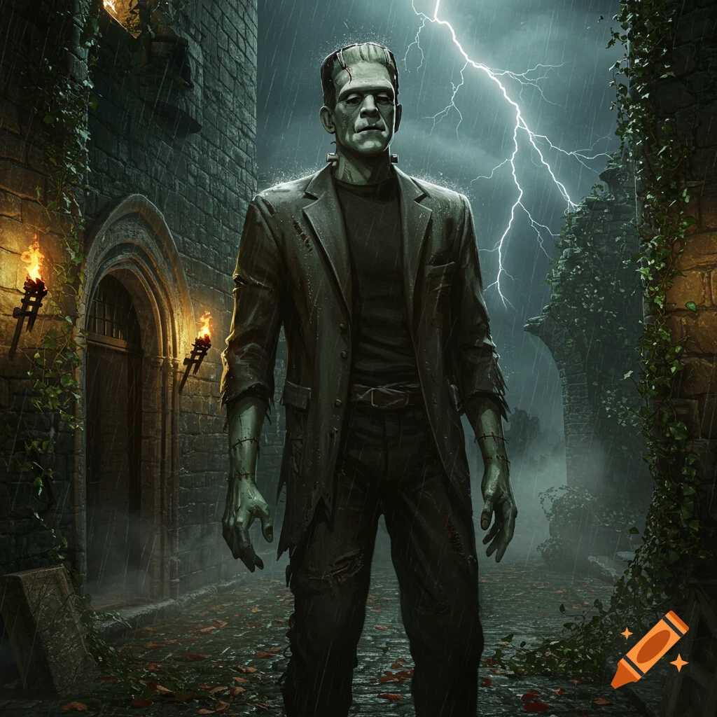 Frankenstein's monster stands in a dark, rainy alley as lightning flashes, with torches illuminating gothic architecture.