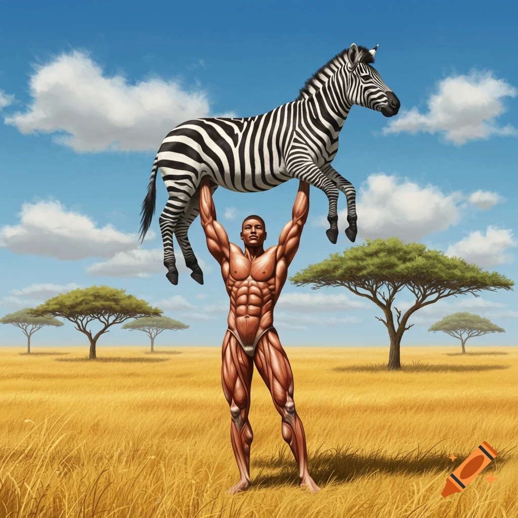 A highly muscular man, depicted with exposed musculature, lifts a zebra above his head in a sunny savanna.