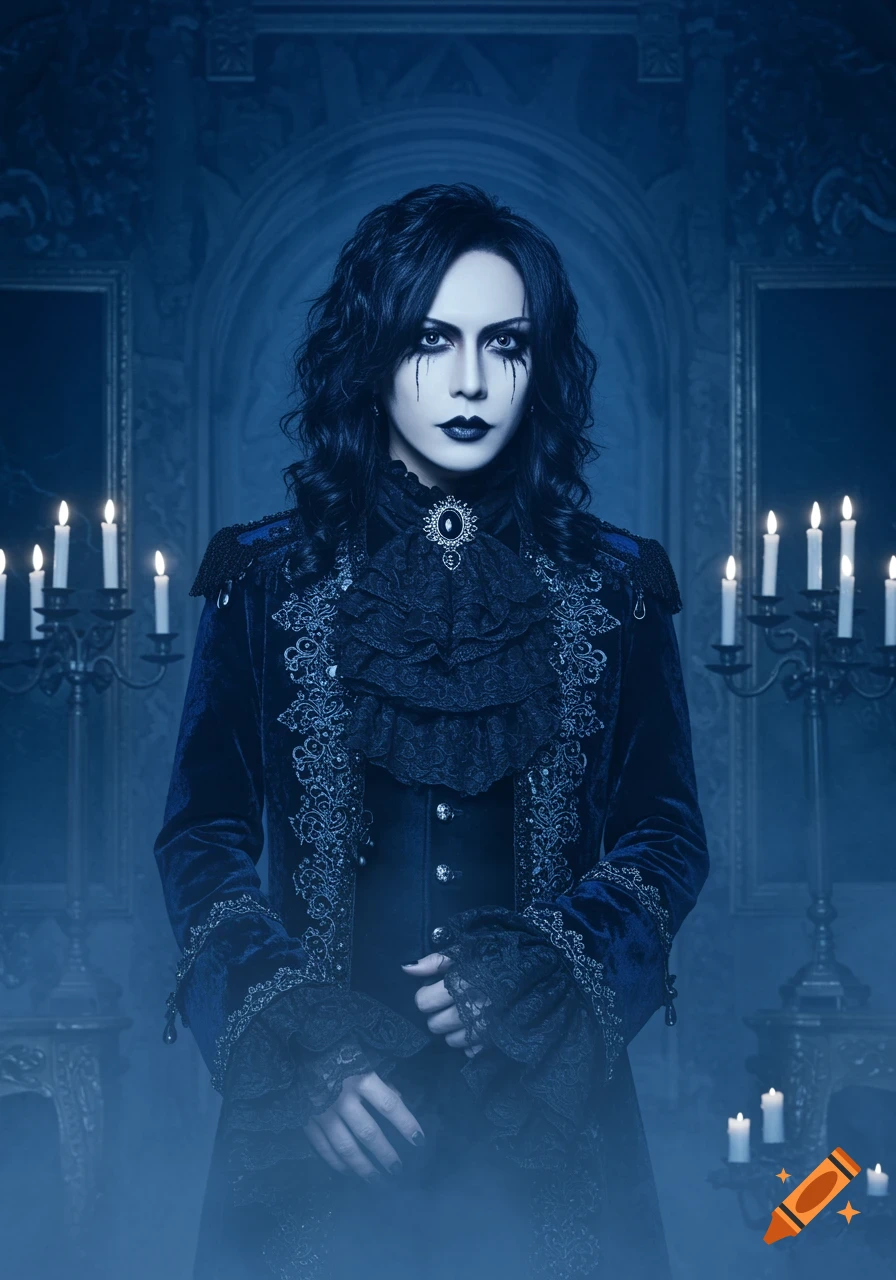 A person with elaborate gothic makeup and costume stands in a dark, ornate room with candles, a stylish portrait.