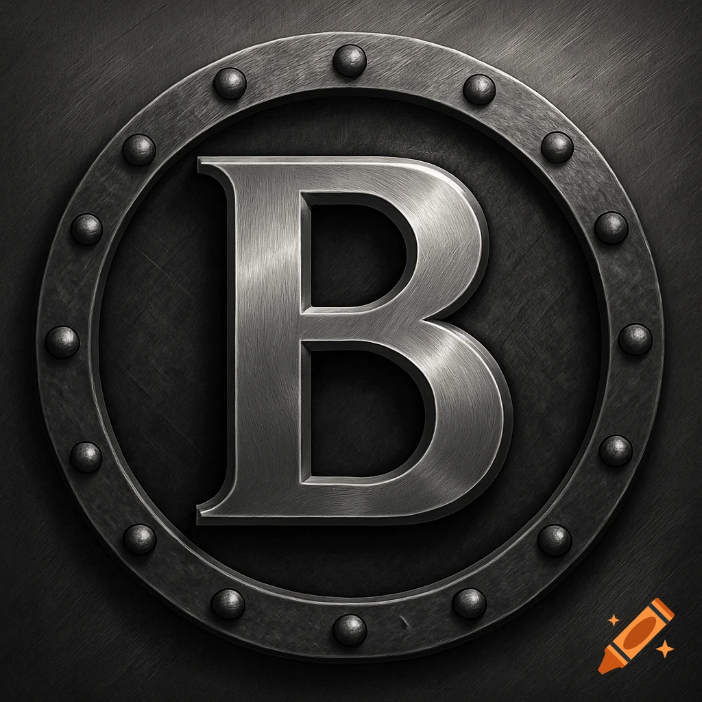 A shiny metallic letter B embossed within a dark, riveted metal ring on a brushed metal background.