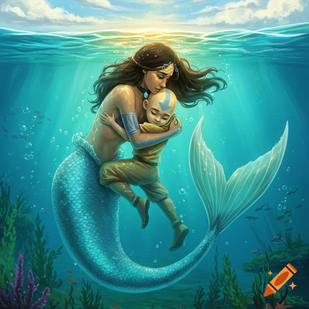 Mermaid Katara tenderly embraces Aang underwater, bathed in sunlight from above, in a vibrant, illustrated style.