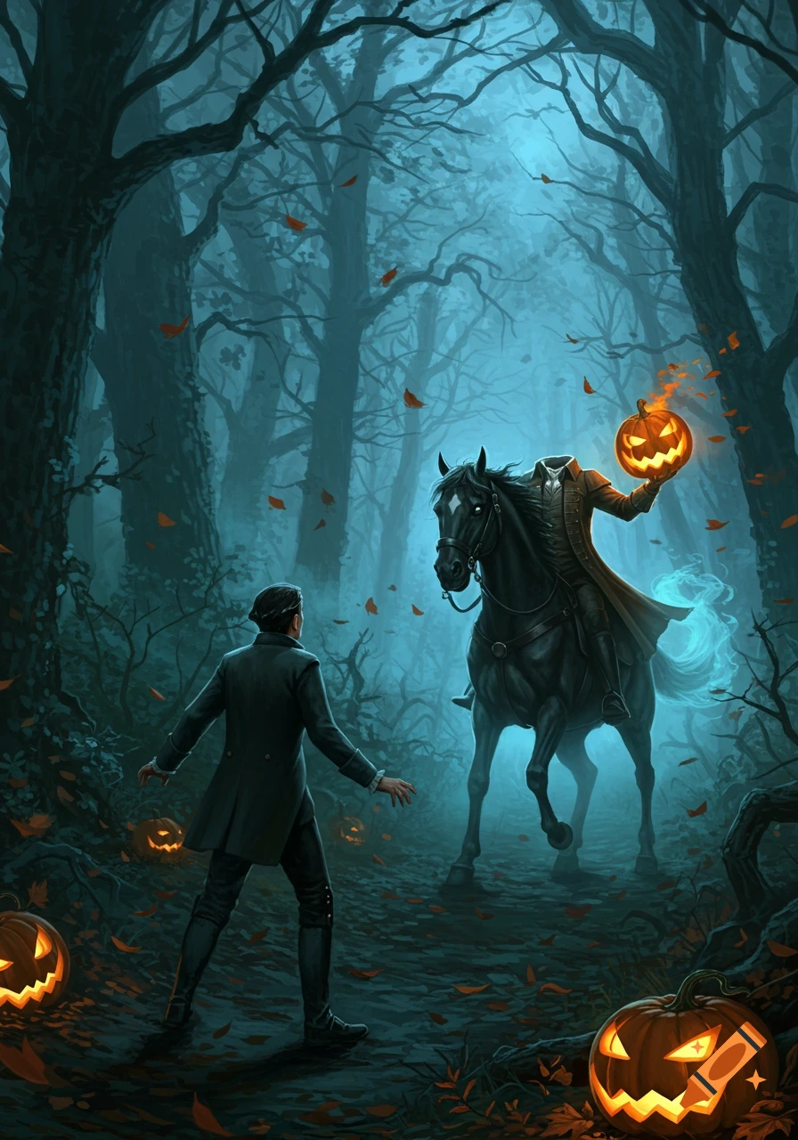 Ichabod Crane encounters the Headless Horseman, holding a glowing jack-o'-lantern, on horseback in a dark, misty forest with pumpkins.
