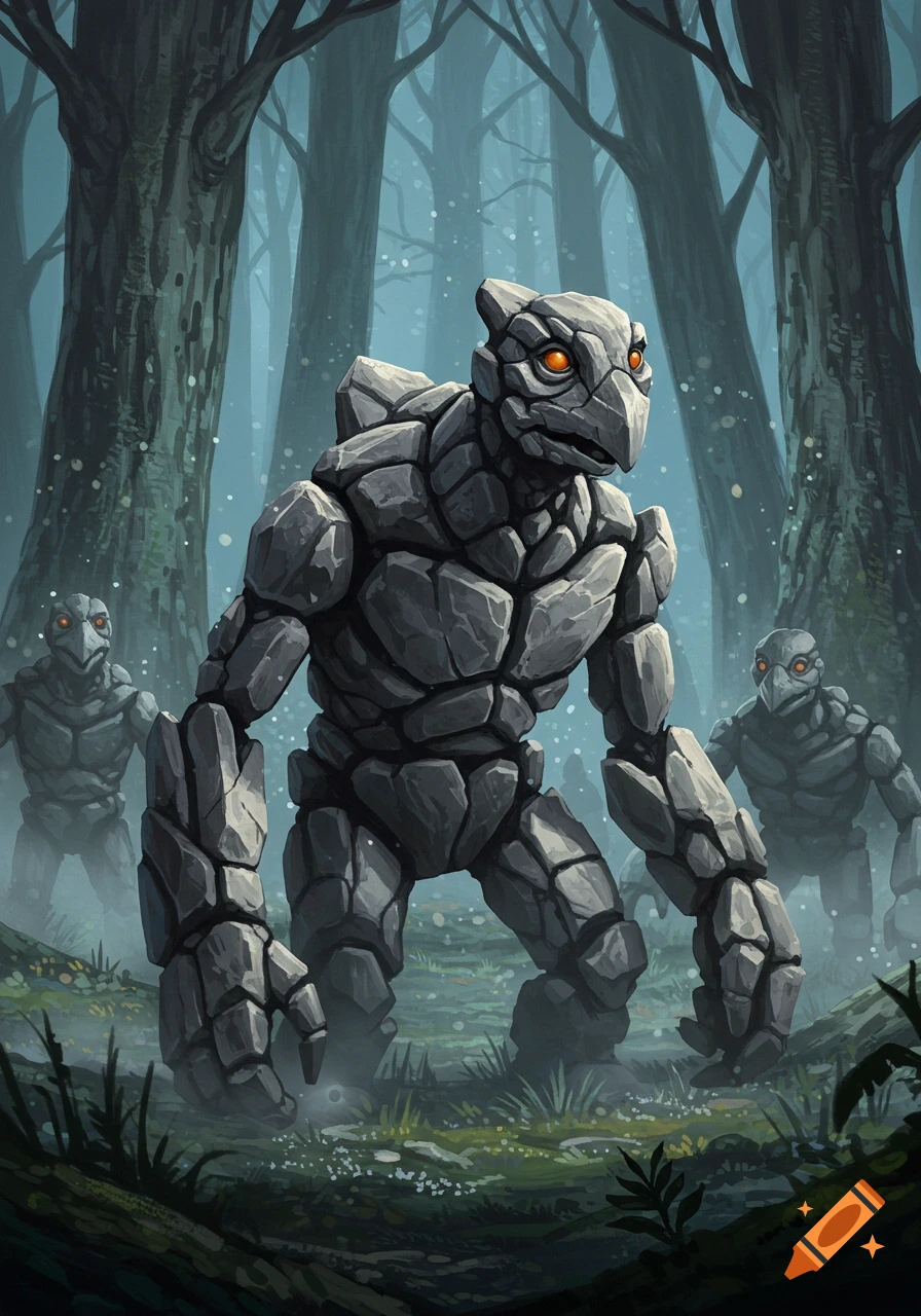 Three rock monsters with bird-like heads and glowing orange eyes stand in a dark, misty forest.