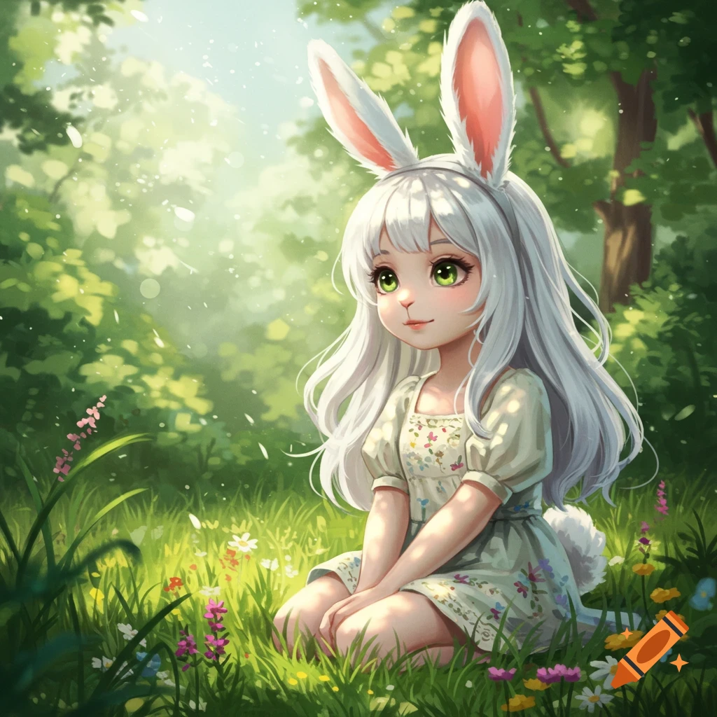 Anime bunny girl with white hair and green eyes, kneeling in a sunny forest field of flowers.