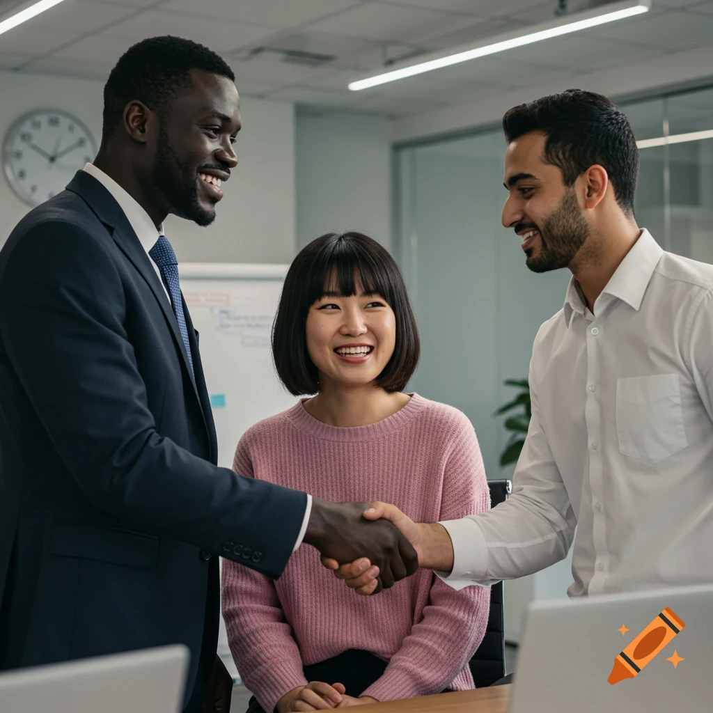 A diverse group of three business professionals in an office, two men shaking hands while a woman smiles between them. Photorealistic.