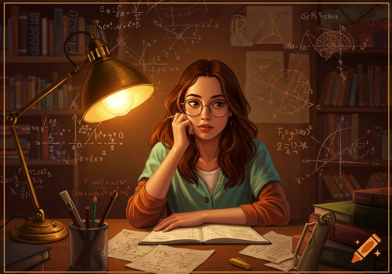 A young woman with glasses sits at a desk under a lamp, surrounded by math equations and books, in an illustrative style.