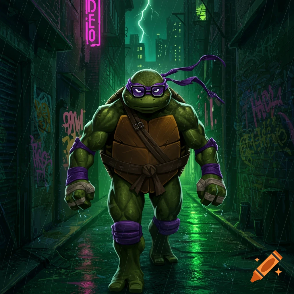 Donatello, the ninja turtle with purple mask and glasses, stands in a dark, rainy green alley with graffiti on the walls and a neon sign in the background, under a lightning storm. Stylized illustration.