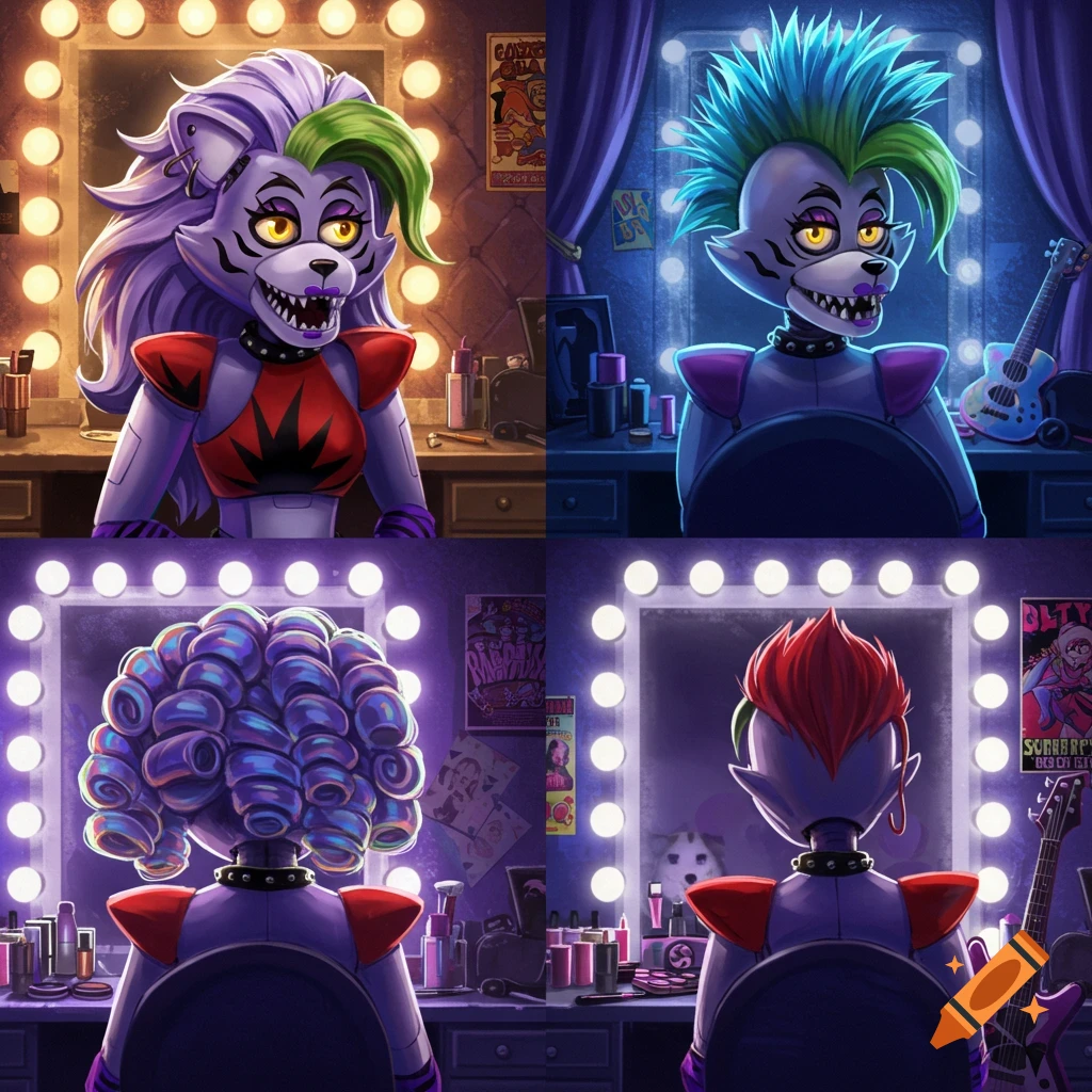 Four-panel image of Roxanne Wolf from FNAF in a glam rock dressing room, each panel showing a different radical hairstyle.