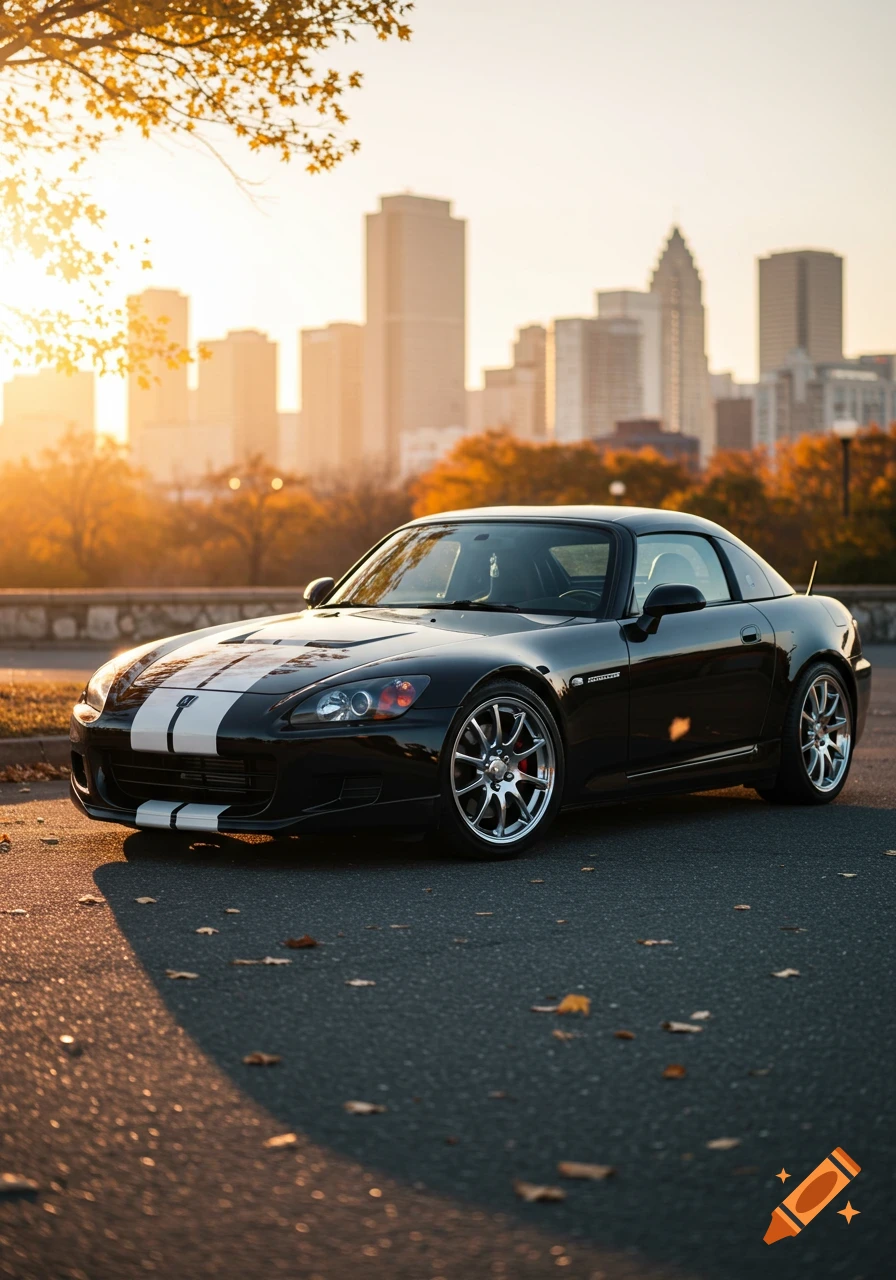 A black Honda S2000 with white racing stripes parked on a street at sunset with a blurry city skyline behind it.