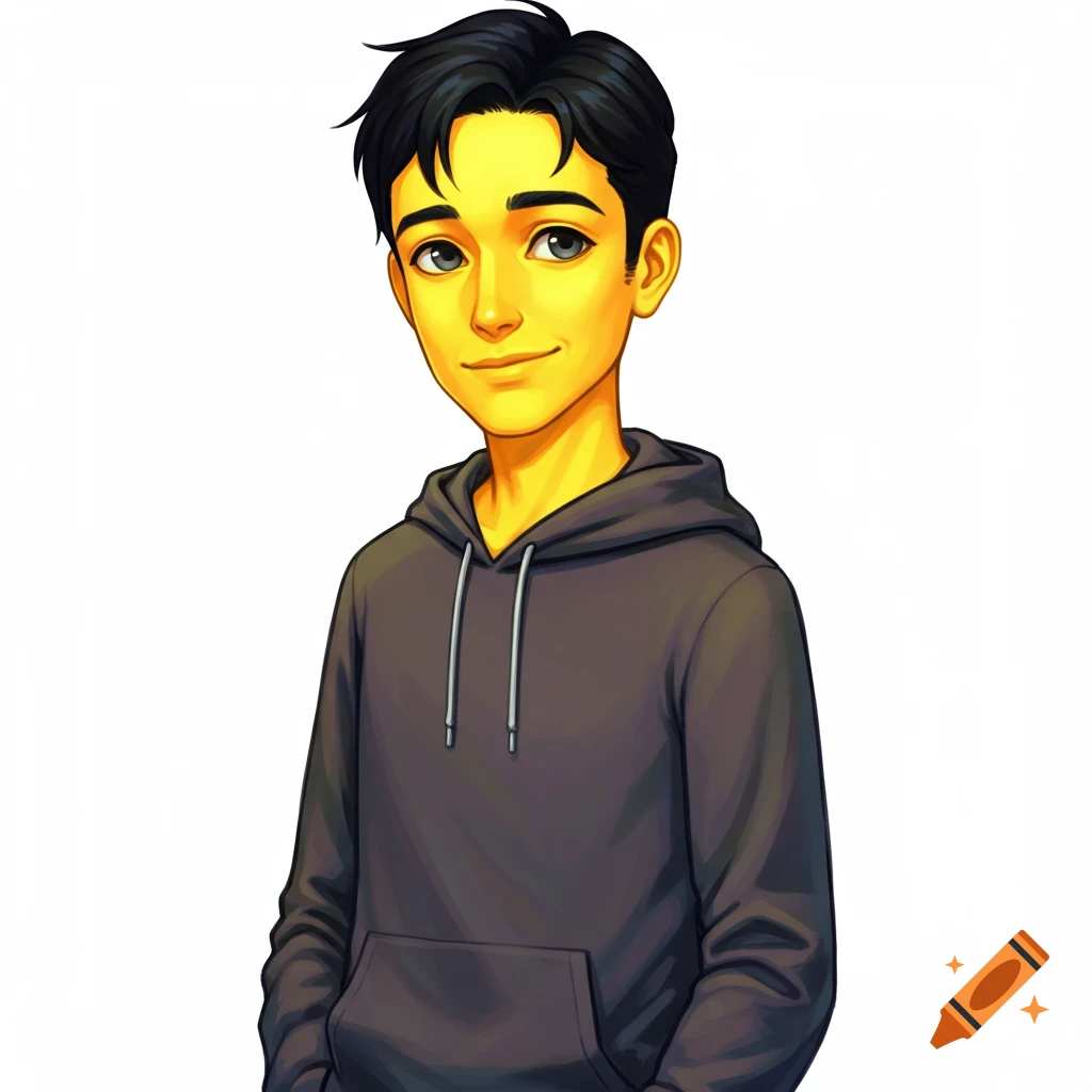Cartoon illustration of a young man with yellow skin, black hair, and gray-blue eyes, wearing a dark gray hoodie, standing with a small smile on a white background.