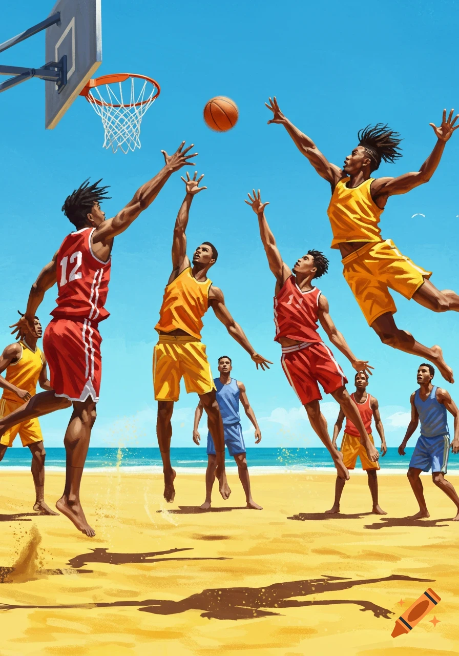 A vibrant illustration of several basketball players jumping for a ball near a hoop on a sunny beach, with the ocean in the background.
