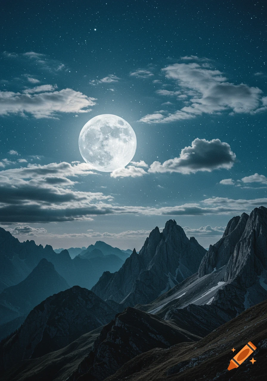 A radiant full moon glows in a star-dotted night sky over a range of jagged mountains, with soft clouds floating by.