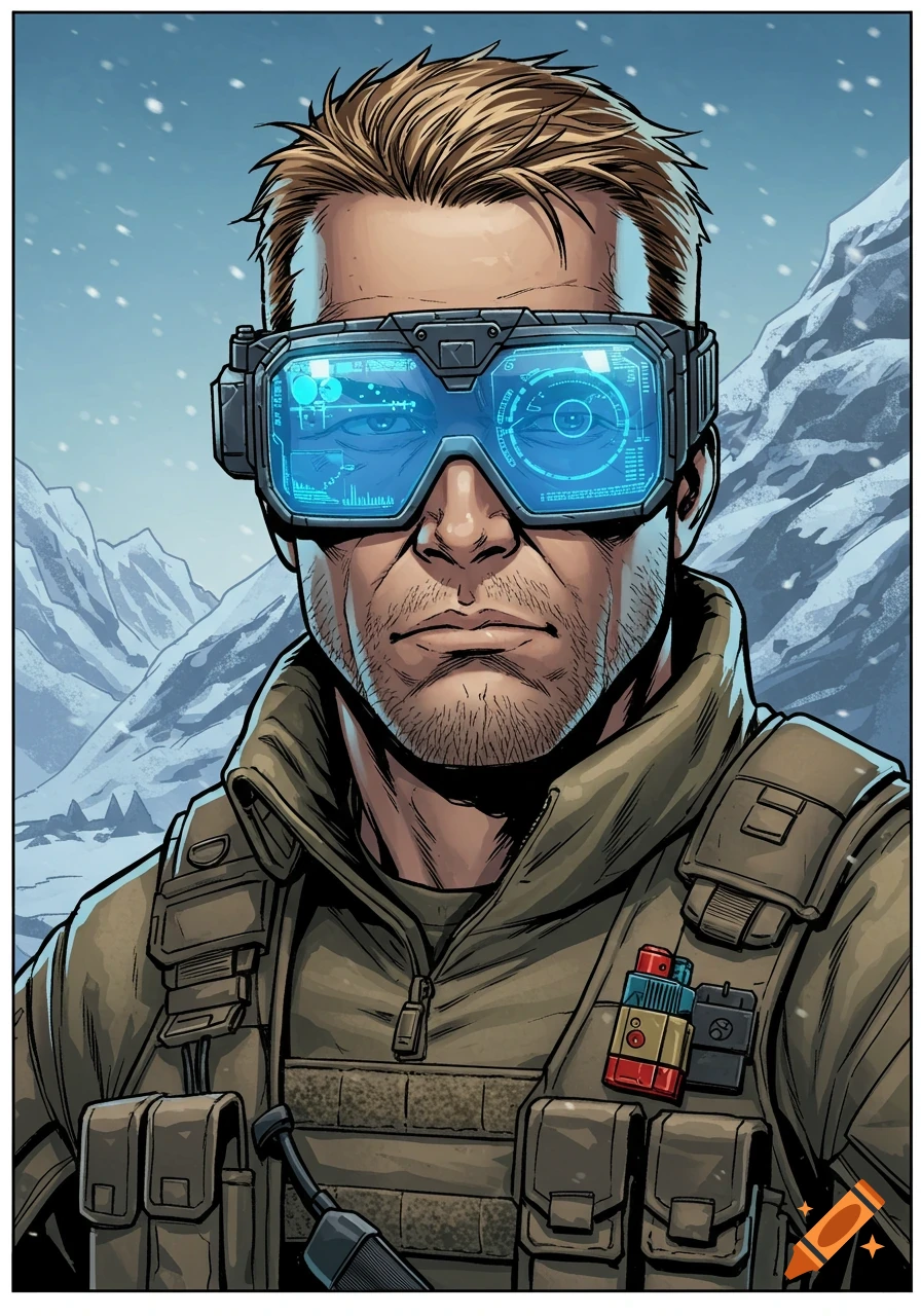 Portrait of a man in GI Joe comic book style, wearing military gear and futuristic goggles with blue HUD displays in a snowy mountain setting.